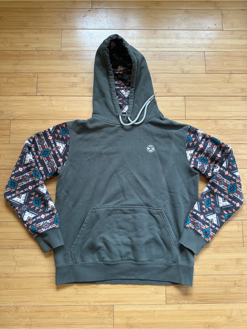 Hooey Olive Pullover Hoodie with Aztec Print Sleeves